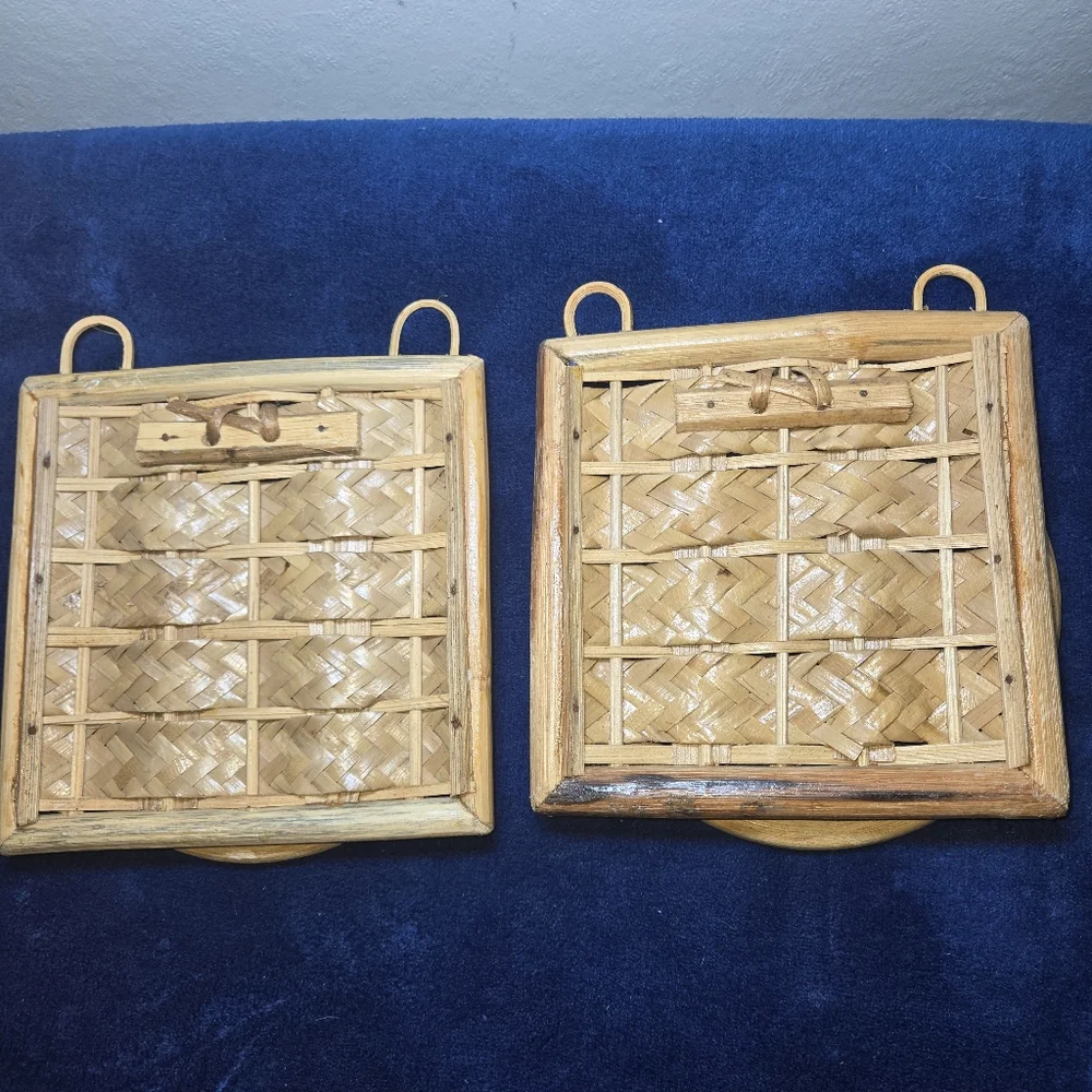 Set Of 2 Bamboo Woven Wall Mount Towel Ring Holder Boho Beach Decor 1970's
